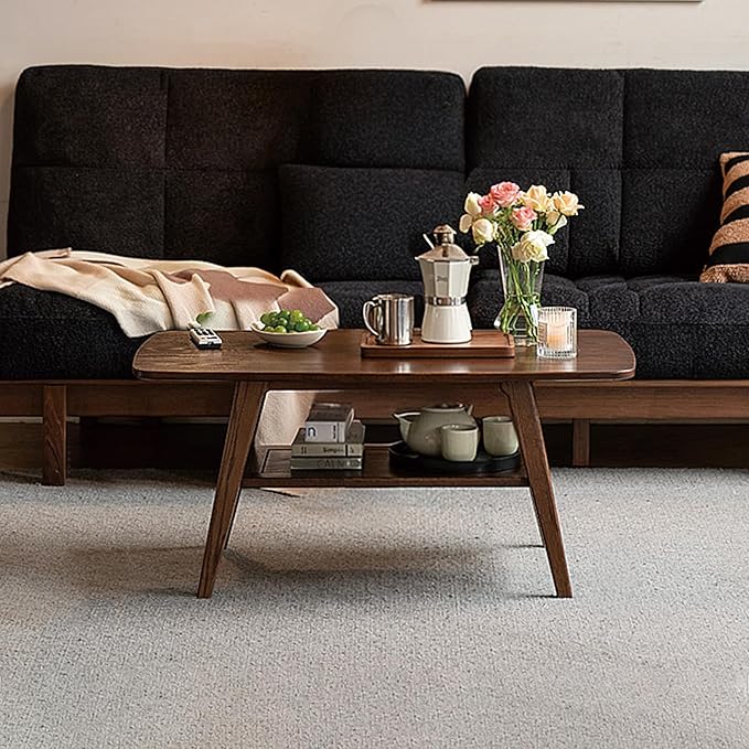 100% Solid Oak Coffee Table with Storage Shelf, 2-Tier Wooden Center Table for Living Room, Farmhouse Rustic Rectangle Table, Easy Assembly,31.49 Inch