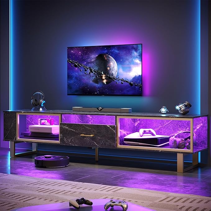 Bestier 80 Inch TV Stand for 65/75/85/90 Inch TVs, LED Gaming Entertainment Center for PS5 with Open Storage and Drawer, Modern High Gloss Media Console for Living Room Bedroom, Black Marble
