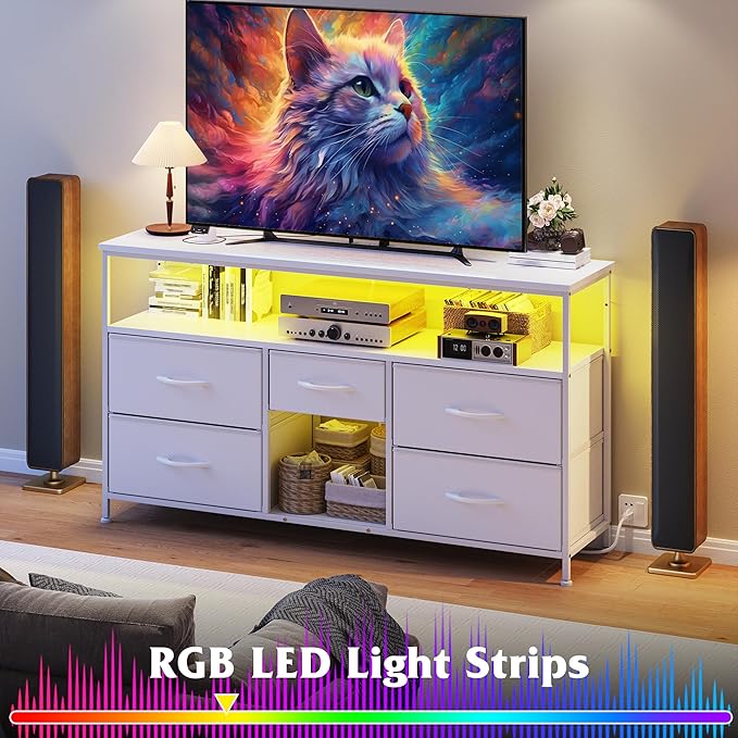 TV Stand Dresser with LED Lights & Power Outlets, Entertainment Center for 50" Inch TV, 5 Drawers TV Stand for Bedroom Dresser with Shelves for Living Room, Sturdy Metal Frame, White
