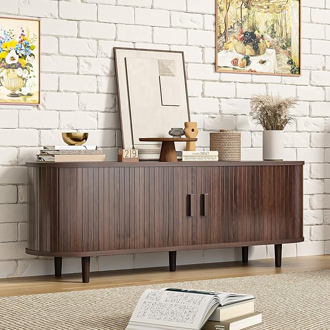 oneinmil 58" Fluted TV Stand with Sliding Doors, Mid Century Modern TV Stands, Entertainment Center with Storage and Adjustable Shelves, Wood Media TV Consoles for Living Room, Walnut