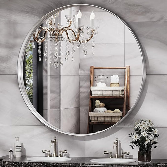 Hasipu Round Silver Mirror 38 Inch Large Round Bathroom Mirror Metal Frame, Wall Mounted Circle Vanity Mirror Modern Decor (Horizontal/Vertical)