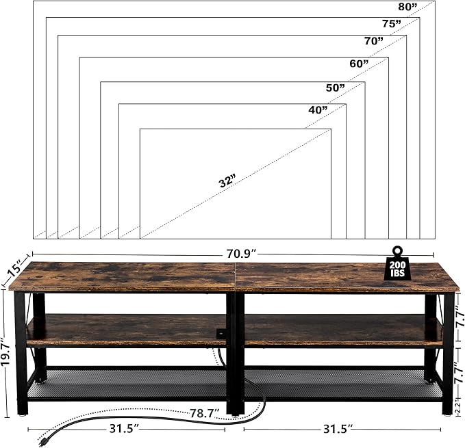 Clikuutory Modern Brown 71 inch Metal TV Stand with LED Lights and Power Outlets for 50 60 65 70 75 80 Inch TVs, 3 Tier Television Stands with Entertainment Center and Storage for Living Room, Bedroom