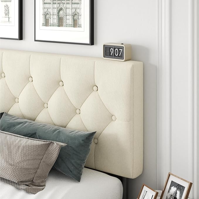 King Size Bed Frame with Upholstered Headboard, Button Tufted Design, Strong Wooden Slats, No Box Spring Needed, Easy Assembly, Noise Free