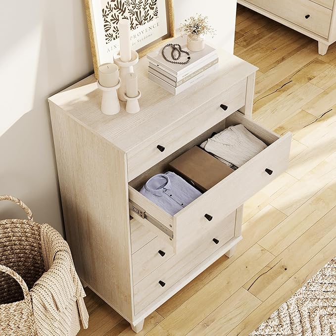 5 Drawer Dresser for Bedroom, Tall Modern Chest of Drawers, Beveled Profile Design, Wood Drawer Organizer for Bedroom, Living Room, Hallway and Entryway,Light Oak