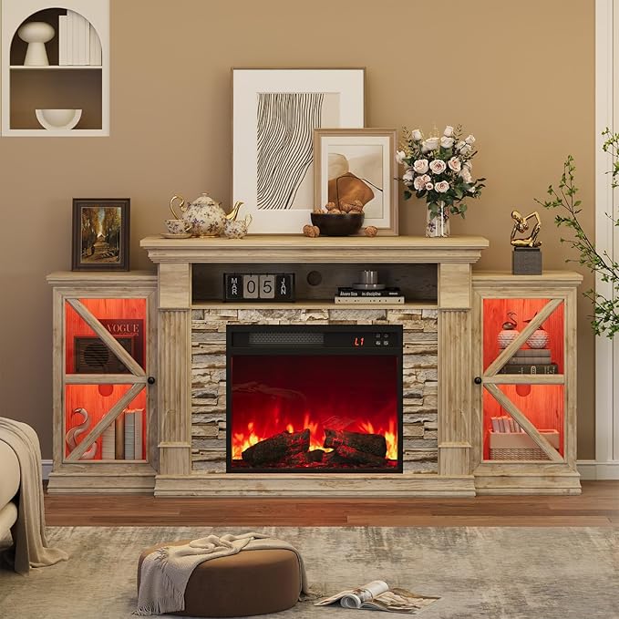 QUW Electric Fireplace TV Stand, 70" Farmhouse Entertainment Center with Open Shelf and Glass Barn Door Cabniet, Modern TV Console Table with 7 Flame Colors for Living Room, Antique Brush Grey