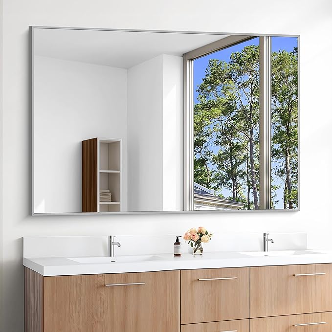 KOCUUY Large Silver Bathroom Mirror, 55x36 inch Rectangular Mirror for Bathroom Sink, Oversized Mirror with Metal Brushed Nickel Frame for Living Room, Farmhouse, Entryway, Hang Horizontal/Vertical