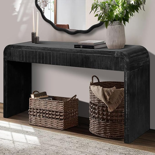 59" Wood Console Table for Entryway, Long Sofa Table Behind Couch Narrow Entryway Table with 2 Drawers Fluted Design for Living Room, Hallway, Foyer, Easy Assembly, Antique Black