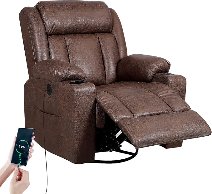 LEVELEVE Retro Rocking Recliner Chair, Massage Rocker Recliner Chair with Vibration Massage and Heat, USB and Type-C Ports,360° Swivel Chairs,Living Room, Bedroom, Nursery, RV, Brown