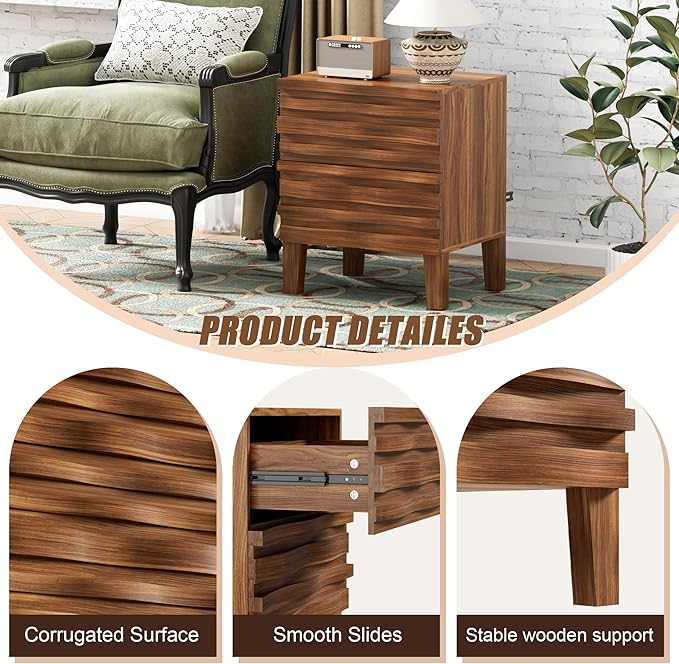UEV Solid Wood Nightstand, 19.7" W Boho Nightstand with 2 Drawers, Fluted Wood Night Stand, Mid Century Modern Bed Side Table for Bedroom,Living Room, Natural Wood
