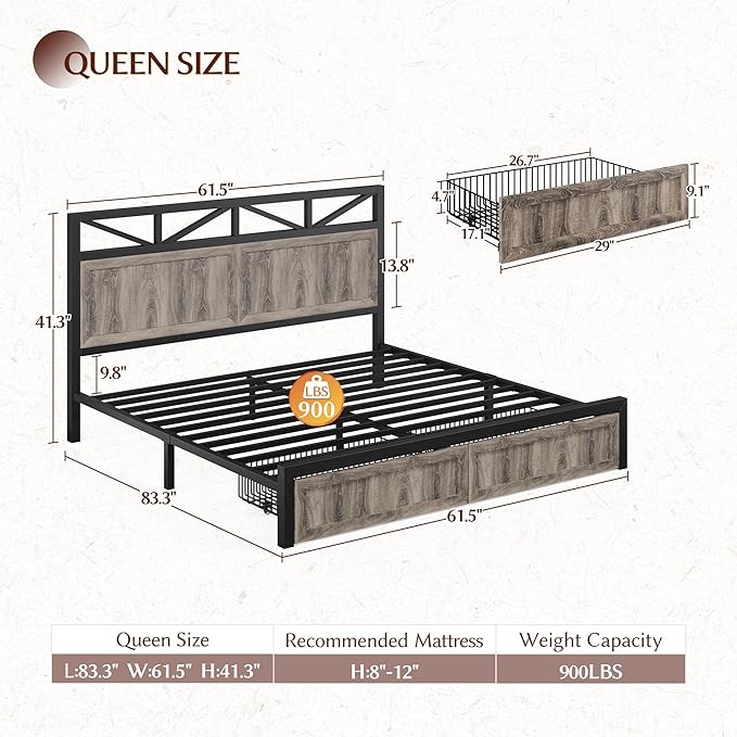EnHomee Bed Frame Queen Size with Headboard and 2 Storage Drawers,Built in Charging Station,NO Noise,No Box Spring Needed,Grey