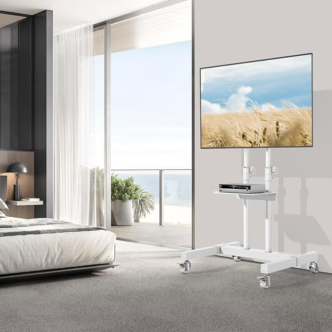 TVON Upgraded Mobile TV Stand on Wheels for 32-80 inch Flat Screen/Curved TVs up to 110 lbs, Height Adjustable Mobile TV Cart with Metal Laptop Shelf, Rolling TV Stand for Home and Office Use,White