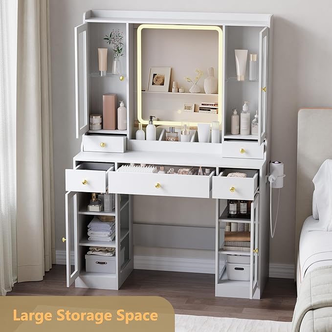 Vanity Desk with Mirror and Lights, White Makeup Vanity Table with 3 Modes & Adjustable Brightness, Glass Cabinets, Drawers, Outlet, Modern Dressing Table for Bedroom, Girls, Women, Teens