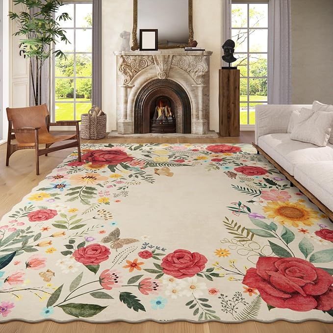 8'x10' Washable Rugs for Living Room, Soft Lightweight Non Slip Stain Resistant Dining Room Vintage Boho Floral Beige Rug Easy Clean Throw Carpet for Bedroom