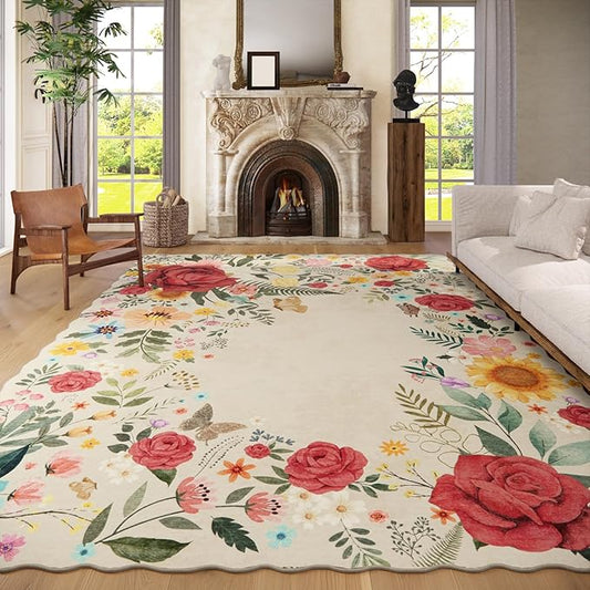 8'x10' Washable Rugs for Living Room, Soft Lightweight Non Slip Stain Resistant Dining Room Vintage Boho Floral Beige Rug Easy Clean Throw Carpet for Bedroom