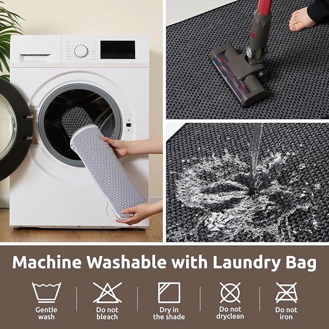 AMOAMI Chenille Bath Mat Super Absorbent Bathroom Mat Quick Dry Low Pile Bath Mats for Bathroom Washable Rubber Backed Bathroom Runners Fit Under Door, Front of Bathtub, Sink, Darkgrey&Black 24"x48"