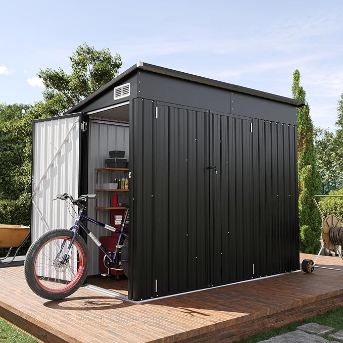 8'x4' Shed Galvanized Steel Storage Sheds with Triple Doors Utility Sheds for Vertical Storage, Dual Lock Lean to Shed with Sloped Roof for Mower, Bike, Garden Tools (Black)