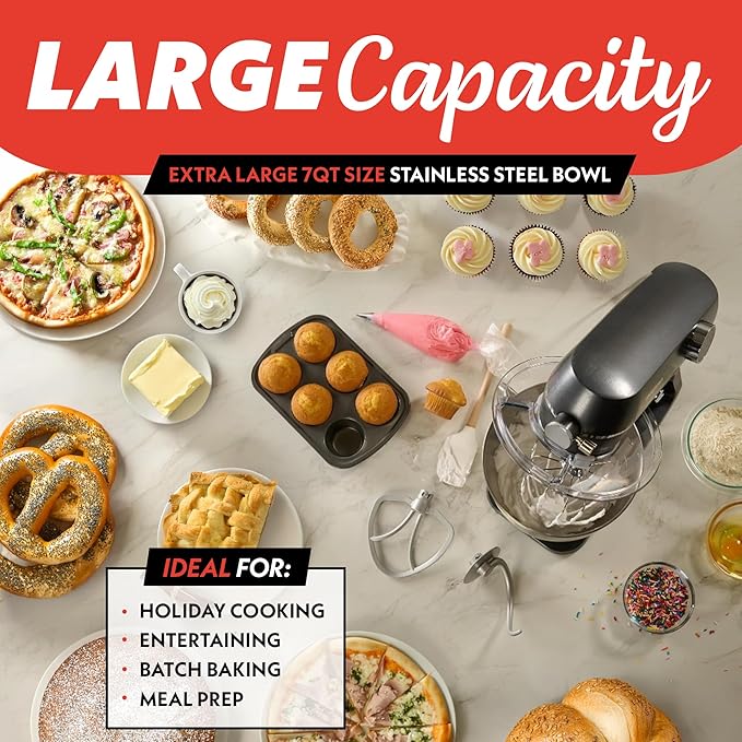 Gourmia 7 Qt Stand Mixer w/Attachments, Bowl Shield, Dough Hook, Whisk & Beater - 10-Speed Heavy Duty Kitchen Countertop Electric Dough Mixer