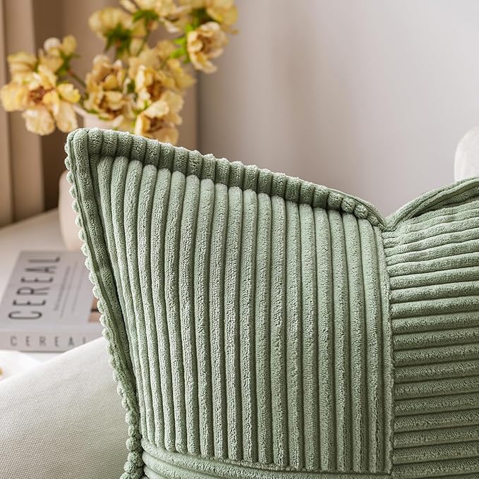 MIULEE Decorative Throw Pillow Covers for Couch Bed Livingroom 18x18 Inch Set of 2 Light Olive Green Boho Accent Throw Pllows Broadside Striped Patchwork Soft Corduroy Summer Pillowcases