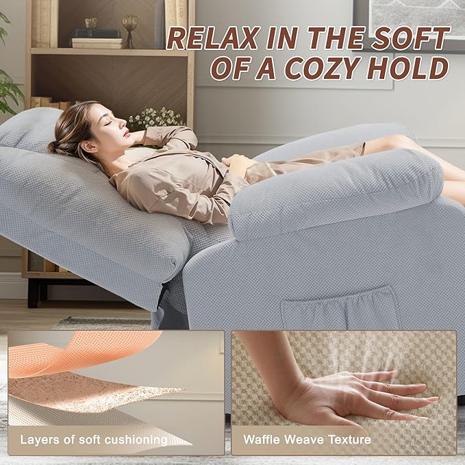 Oversized Dual Motor Power Lift Recliner for Adults, Electric Lift Chair with Heating and Massage, Waffle Fabric Electric Recliner Chair with Side Pockets, Wide Recliner for Living Room