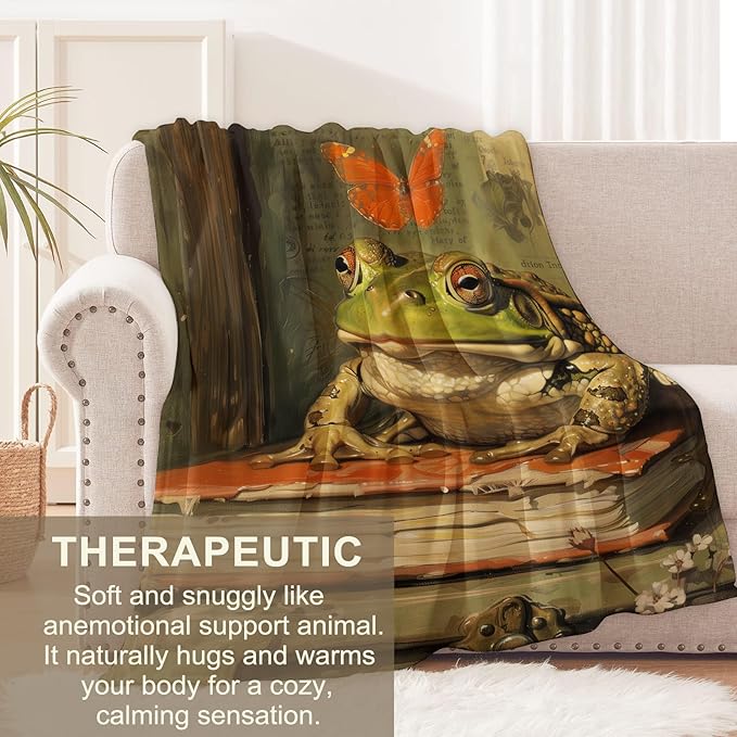 Frog Blanket for Adults, Flannel Butterfly Book Throw for Sofa Couch Bed, Soft Warm Cozy Decor, 60" x 80"