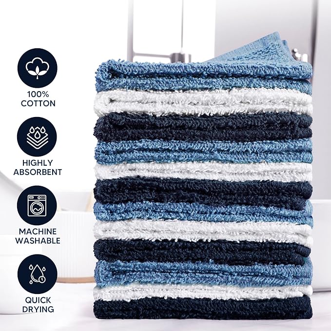 Towel and Linen Mart 100% Cotton - Wash Cloth Set - Flannel Face Cloths, Highly Absorbent and Soft Feel Fingertip Towels (Navy, White & Sky Blue, Pack of 12)