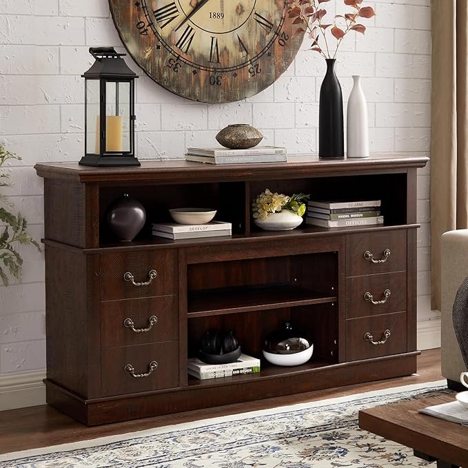 HMFULE 60" Entertainment Center for 60 65 Inch Television, TV Stand with Storage Cabinets & 2 Doors & Adjustable Shelves, Modern TV Console, Rustic Farmhouse Living Room Furniture (Espresso)