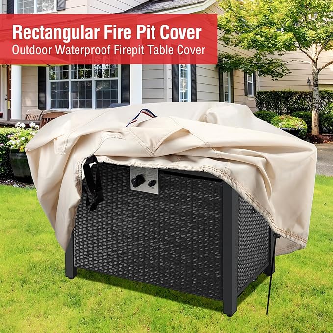 Youlvy Fire Pit Cover Rectangular 43 Inch - Waterproof Outdoor Fire Table Cover Rectangle Heavy Duty, 600D Patio Propane Gas Firepit Cover Rectangular Tear Weather Resistant - 43 x 24 x 25 Inch Beige