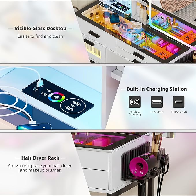 RGB Vanity Desk with Sliding Mirror and Lights,Makeup Vanity with Charging Station,LED Vanity Table with Glass Top,Girls Vanities Dressing Table Set with Stool&6 Drawers for Bedroom(White