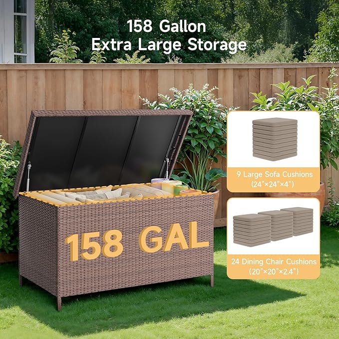 158 Gallon XL Deck Box with Lid, All Weather Wicker Outdoor Storage Box Waterproof, Large Outdoor Patio Storage Bin for Cushions, Garden Tools, Gears, Brown