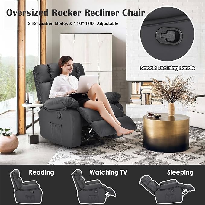 Recliner Chair, Leather Adjustable Recliner with Side Pockets, Living Room Power Reclining Lounge Chair for Adults, Small Spaces Comfy Sofa with Theater Seating for Bedroom, Black