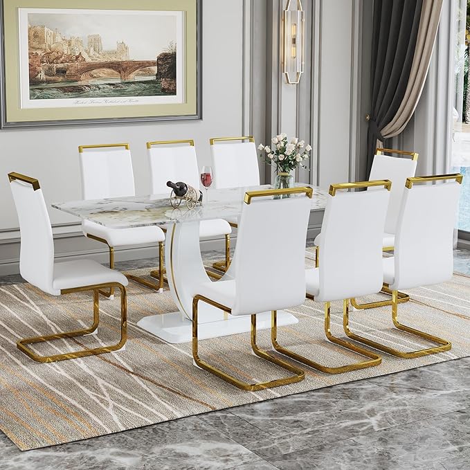 Dining Table Set for 8, Kitchen Table Chairs Set of 8, Modern Dining Room Set with 71" Marble Dinner Table PU Leather Upholstered Chairs for Kitchen