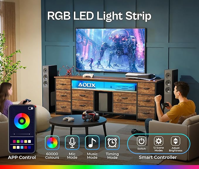 Huuger 63 Inch LED TV Stand Dresser with Power Outlets, USB-C Port and LED Lights, 10 Fabric Drawer Dresser for Bedroom, Long Entertainment Center for 65, 70 Inch TV, Open Shelves, Rustic Brown