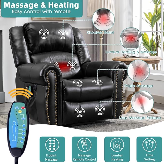 MEETWARM Large Power Lift Electric Recliner Chair for Elderly with Massage and Heat, Overstuffed Wide Recliner, Heavy Duty Sofa for Living Room with 2 Remote Control/USB Ports/Side Pockets(Black)