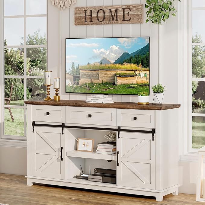 Farmhouse TV Stand with Sliding Barn Door & Drawer, 59" Rustic Entertainment Center for TVs up to 65", Buffet Storage Cabinet for Living Room, Dinning Room, White+Barnwood