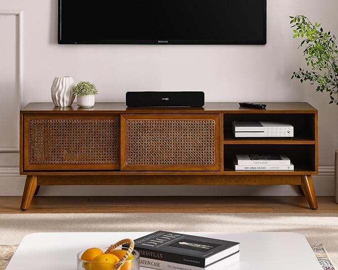 59 Inch Mid Century Modern TV Stand with Rattan Doors, Entertainment Center Media Console for 55/60/65 inch TV, Boho/MCM Television Stand for Living Room/Bedroom, Light Wood