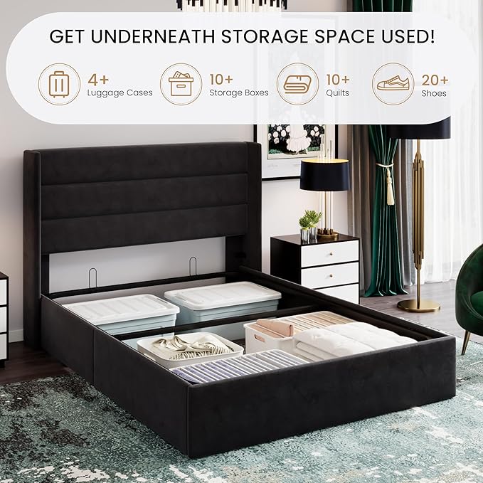 SHA CERLIN Full Size Lift Up Storage Bed/Velvet Upholstered/Modern Wingback Headboard/Upholstered Platform Bed Frame/Hydraulic Storage/No Box Spring Needed/Black