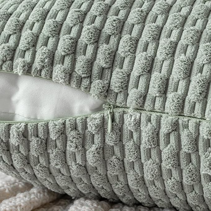 MIULEE Throw Pillow Covers Soft Corduroy Decorative Set of 2 Boho Striped Pillow Covers Pillowcases Farmhouse Home Decor for Couch Bed Sofa Living Room Spring 16x16 Inch Greyish Green
