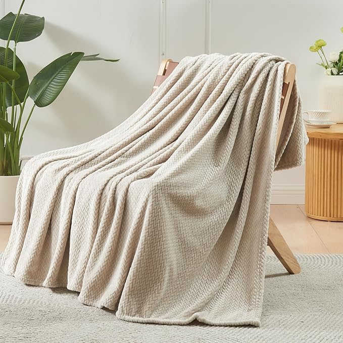 NEWCOSPLAY Super Soft Queen Blanket Linen Premium Silky Flannel Fleece Leaves Pattern Lightweight Bed Blanket All Season Use (Linen, Queen(90"x90"))