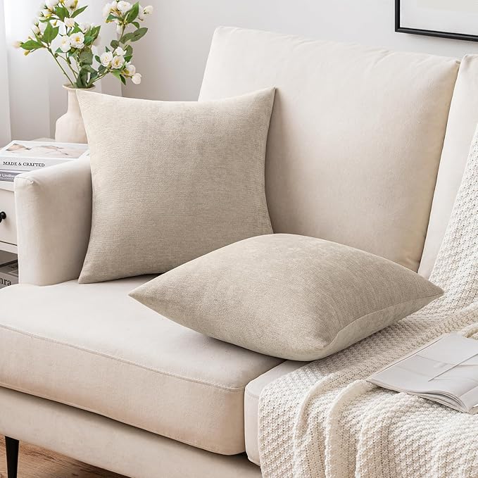 MIULEE Pack of 2 Beige Decorative Pillow Covers 20X20 Inch Soft Chenille Couch Throw Pillows Farmhouse Cushion Covers for Home Decor Sofa Bedroom Living Room