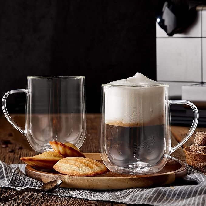 Joeyan Large Clear Double Walled Glass Coffee Mugs 15 oz, Double Layer Tea Latte Cappuccino Cups with Handle, Double Lined Insulated High Borosilicate Glassware for Milk and Hot Beverages, Set of 2