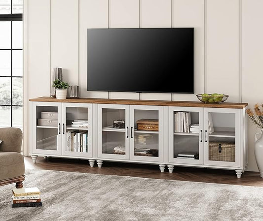 WAMPAT 100 Inch TV Stand, Wood TV Cabinet Entertainment Center for 75/80/85 Inch TV, 3-in-1 Kitchen Buffet Cabinet with Glass Door for Dining Room & Living Room, White