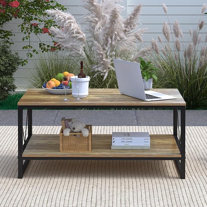 Rectangle Coffee Table Tea Table with Storage Shelf, Farmhouse Wooden Coffe Table for Living Room Table, 40" Rustic Center Table 2-Tier Minimalist Coffee Table Easy Assembly (Natural Wood)