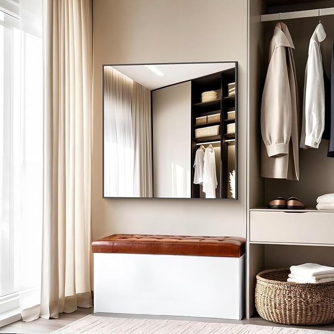 BONEWEI Bathroom Mirror,48x48 inch Large Wall Mirror for Bathroom Wall Mounted,Black Rectangle Wall Mirrors,Square Mirror for Living Room,Farmhouse, Bedroom Entryway, Horizontal/Vertical