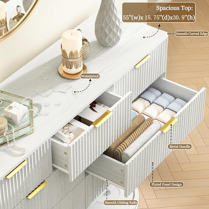 CARPETNAL Fluted 7 Double Drawers White Dresser for Bedroom, 55”Wide Modern Chest of Drawers with Deep Drawers,Wood Drawer Organizer for Bedroom Living Room, Hallway, White