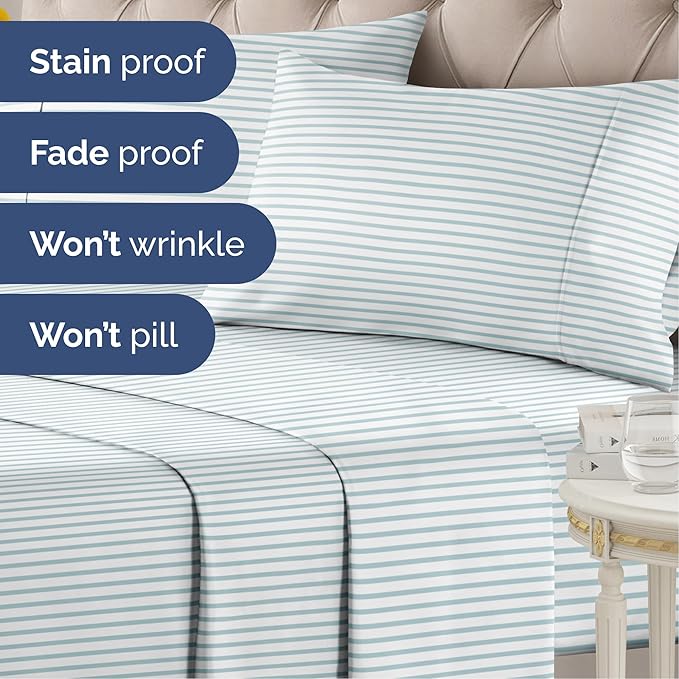 Striped Sheets - Blue & White Striped Sheets - 1 Flat & 1 Fitted & 1 Pillowcase w/ Deep Pockets – Wrinkle & Fade Resistant - Ultra-Soft, Breathable & Cooling - Luxury Pinstripe Bedding - Twin Size Set