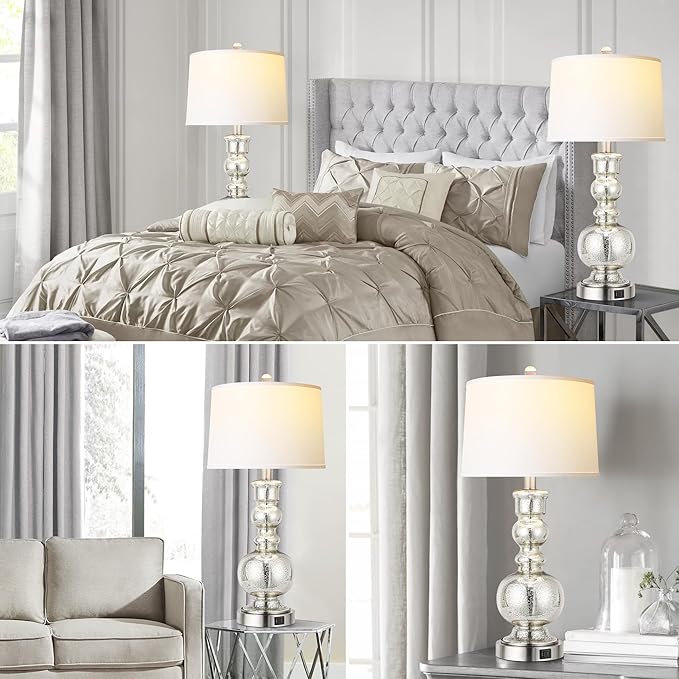 Hamucd 3-Way Dimmable Touch Control Clear Grey Glass Table Lamps Set of 2 with USB A+C for Modern Comtemporary Bedroom Nightstand Living Room Decor(Bulbs Included) (Mercury Silver)