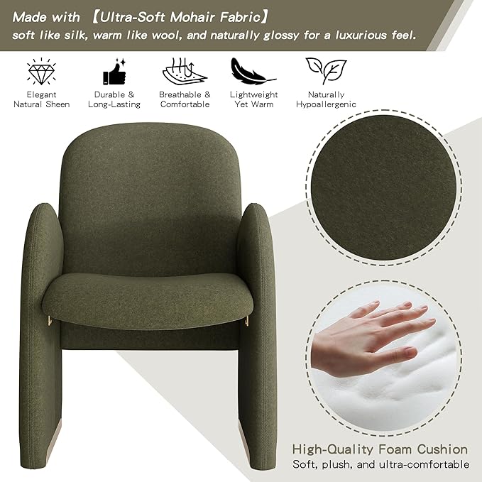 YOUTASTE Oversized Accent Chair for Living Room Bedroom Office, Upholstered Mohair Armchair with Wood Frame and Gold Metal Legs, Mid-Century Modern Comfy Lounge Chair, Green