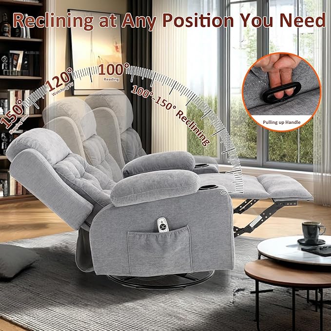 Overstuffed Rocker Recliner Chair with Massage and Heat, Mid Century Ergonomic Rocking Swivel Recliners Lounge Chair for Living Room, Manual Recliner Sofa Chairs with 2 Cup Holders, USB