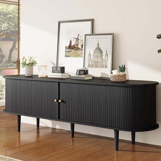 70" Mid-Century Modern TV Stand with Tambour Door, TV Console with Solid Wood Legs for TVs up to 80", Fluted Entertainment Center with Storage for Living Room, Black