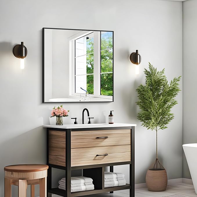 KOCUUY Bathroom Mirror,30x30 Square Black Mirror with Aluminum Metal Frame,Black Vanity Wall Mirror Modern Home Decor for Bathroom, Living Room, Farmhouse and Entryway